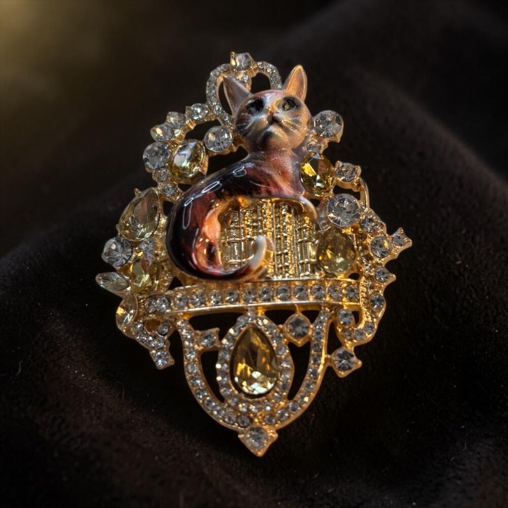Jeweled Cat on Throne Brooch Gold Rhinestone Enamel Regal Glam Statement Pin